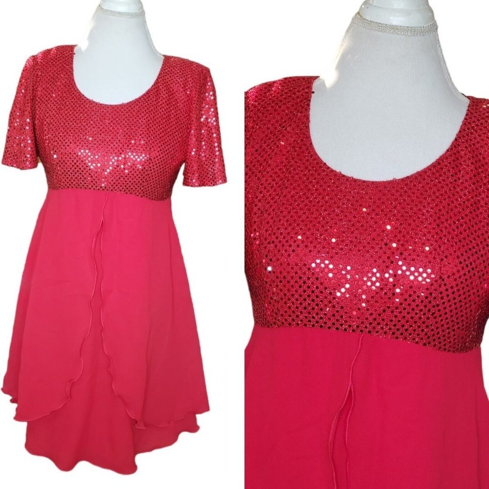 90s Red Babydoll Sparkle Sequins Layered Fit N Flare Formal Hoco Dress Medium 8